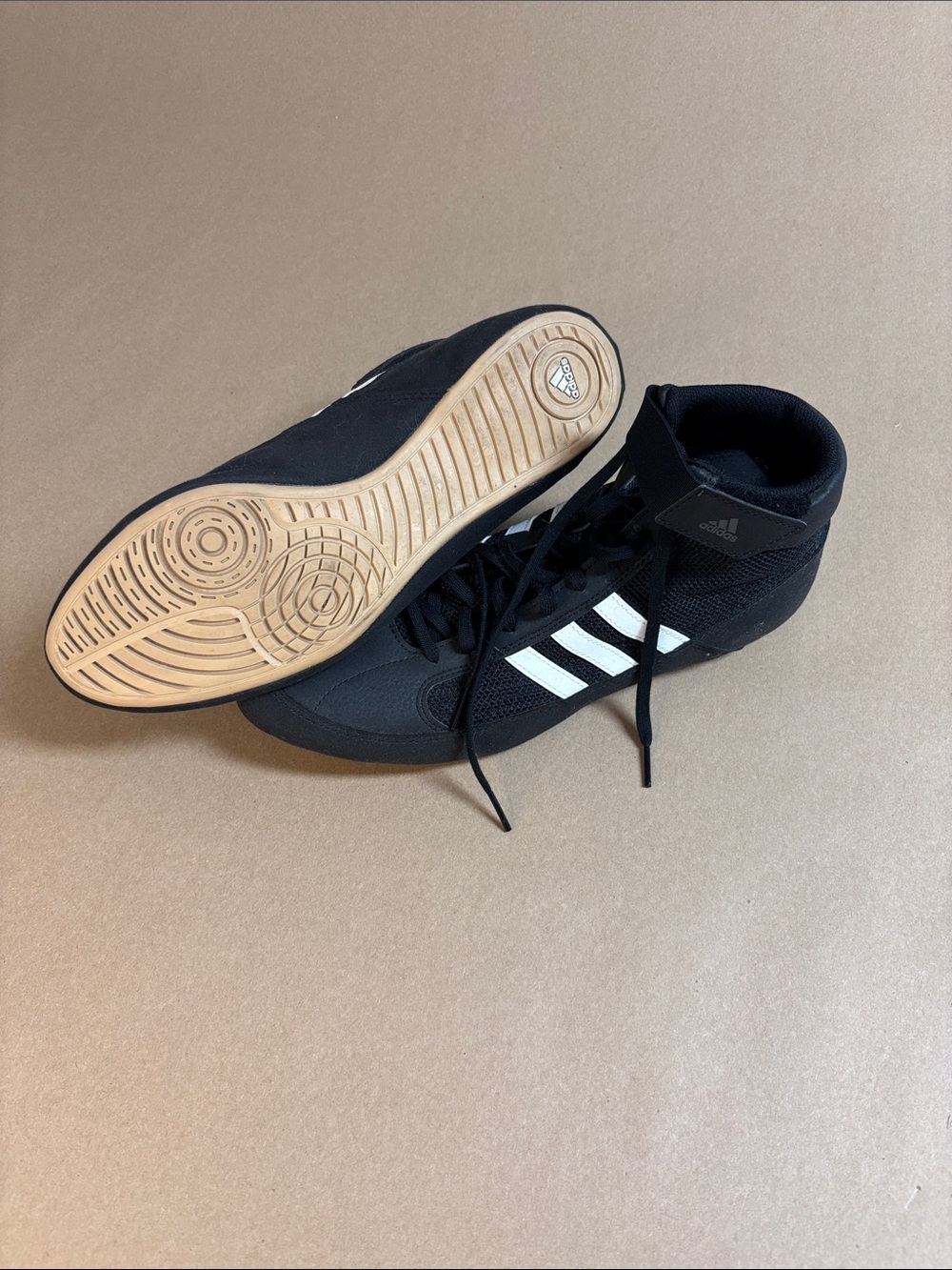 adidas Black High-Top Athletic Shoes with White Stripes and Gum Sole